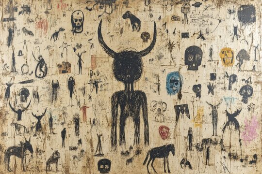 Intricate mural featuring diverse symbols and figures related to life, death, and nature in a contemporary art style