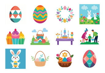 Set of Easter design elements. Easter Sunday Eggs, chicken, butterfly, rabbit, tulips bundle