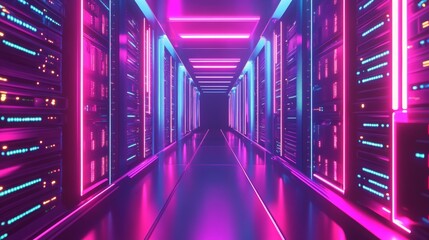 Fototapeta premium Digital data warehouse with glowing server farms for cloud computing and information exchange 