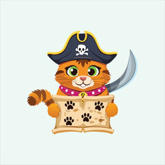 Cartoon pirate cat holding a treasure map with paw prints on it