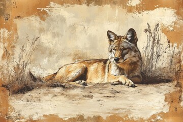 Obraz premium Coyote resting in the sun on a sandy terrain with grass and shrubs in a natural habitat setting