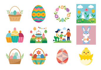 Set of Easter design elements. Easter Sunday Eggs, chicken, butterfly, rabbit, tulips bundle