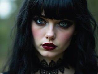 Fototapeta premium Gothic woman with black hair and dark makeup posing intensely