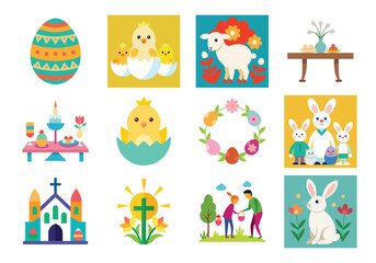 Set of Easter design elements. Easter Sunday Eggs, chicken, butterfly, rabbit, tulips bundle