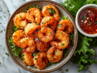 Golden crispy coconut shrimp platter with a side of orange sauce, on the cafe table, Constructed Framing