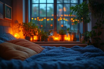 Obraz premium Cozy bedroom, evening window lights, plants, calm