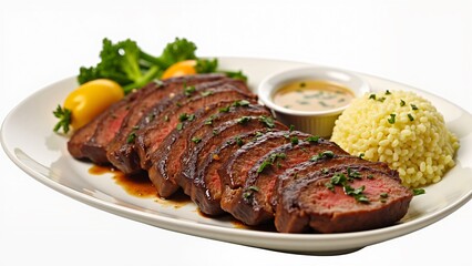 Sliced Grilled Steak with Creamy Sauce, Couscous, and Vegetables