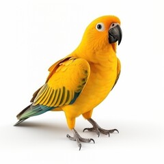 Golden conure parrot with vibrant yellow plumage, blue green wing feathers, and a dark beak, standing on a clean white background, creating a striking contrast