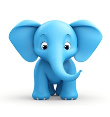 Baby elephant with blue skin and pink toenails, sitting serenely against white background. Rendering gentle smile and childlike innocence