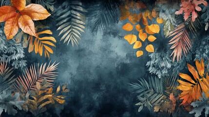 Hand-painted leaves in an abstract forest landscape create a creative art wallpaper 