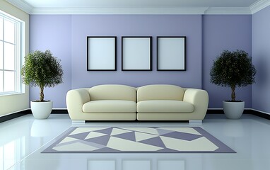 Fototapeta premium Lavender-walled living room with beige sofa, rug, plants. Interior design inspiration