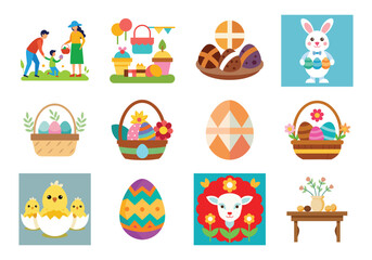 Set of Easter design elements. Easter Sunday Eggs, chicken, butterfly, rabbit, tulips bundle