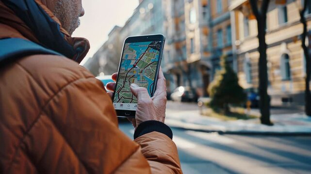 Tourist person navigating city street use tablet or mobile cell phone with map display. Urban scene. Town background. City exploration and GPS technology. Man hand hold navigator search place location