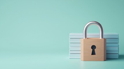 Wooden Padlock on Stack of Paper Sheets Against Mint Background