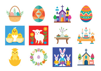 Set of Easter design elements. Easter Sunday Eggs, chicken, butterfly, rabbit, tulips bundle
