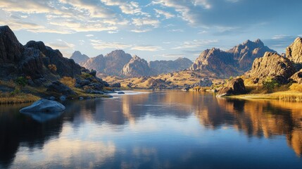 Fototapeta premium Serene mountain lake sunset reflection landscape
