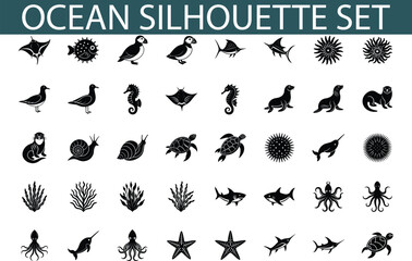 Ocean Silhouette Set Marine Animals, Fish, and Sea Life © Chaya