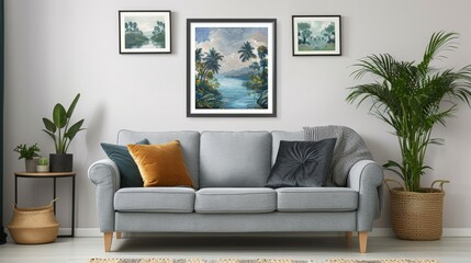 Fototapeta premium Contemporary living room featuring advanced smart home technology and a chic gray sofa design