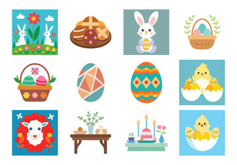 Set of Easter design elements. Easter Sunday Eggs, chicken, butterfly, rabbit, tulips bundle