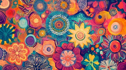 Multicolored psychedelic patterns provide vibrant textures for artistic backgrounds. 