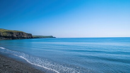 Coastal cliffs, serene ocean, pebble beach, sunny day, travel postcard