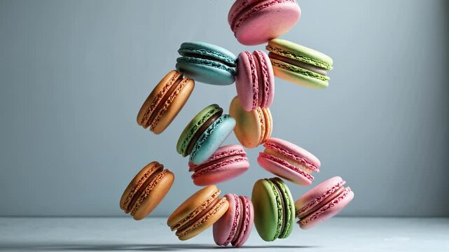Colorful macarons float against a soft blue background. Captured in a close-up, dynamic angle, the video highlights their delicate textures.
