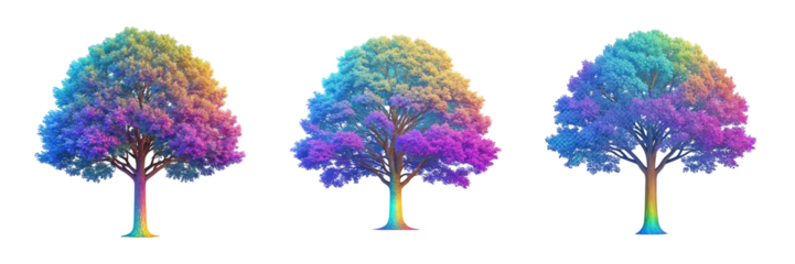 Colorful trees with vibrant hues of purple, blue, and yellow, creating magical atmosphere