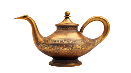 Antique genie lamp isolated on transparent background. Generative AI