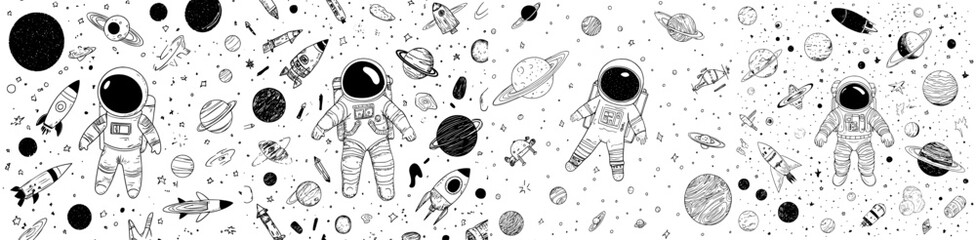 Seamless pattern background: Astronaut in Space kids' hand drawing set illustration isolated on white background