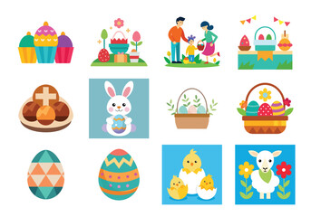 Obraz premium Set of Easter design elements. Easter Sunday Eggs, chicken, butterfly, rabbit, tulips bundle