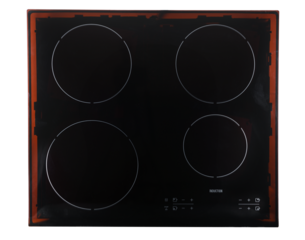 Induction hob with four cooking zones and controls on display isolated on white background.