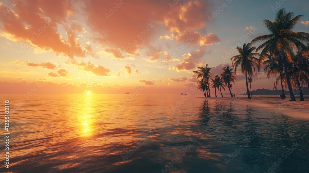 Poster vibrant sunset over tranquil ocean with palm trees lining the shore on a warm evening. generative ai