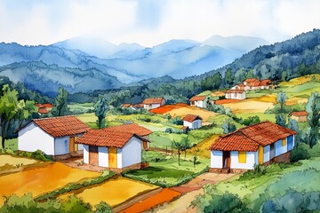 Obraz premium Rural village nestled in green hills with colorful fields under a bright sky