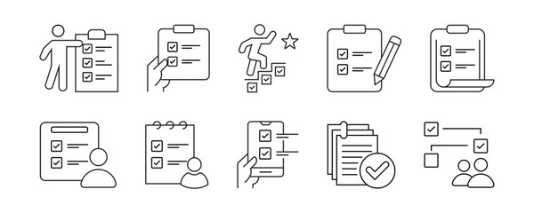 clipboard task checklist business checkmark icon set project goal progress management to-do list document outline vector illustration schedule priority design for web and app. stock vector. eps 10.