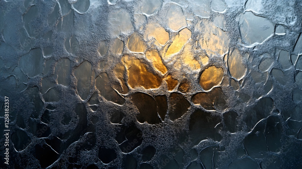 Aufkleber An abstract image of a frozen window pane with a sunset reflecting. The texture is rough and crystalline. The colors are cool and warm. Macro Texture Backgrounds. Abstract Frozen Window Pane