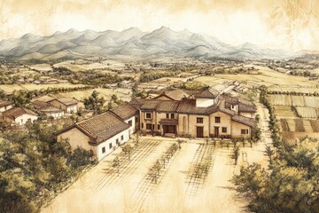 Obraz premium Mountainous landscape featuring rural buildings and vineyards in a serene countryside setting