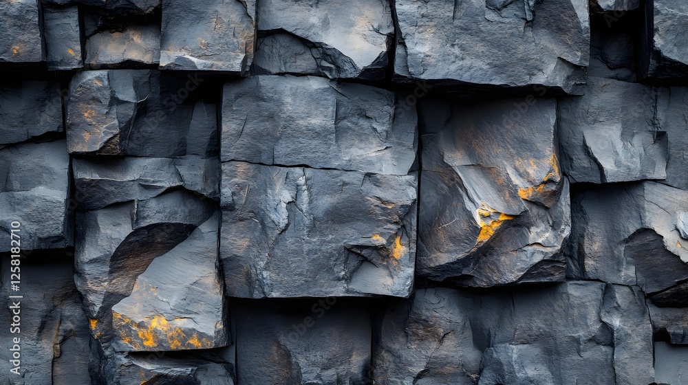 Poster Close-up of dark basalt columns, showcasing their textured surfaces and a striking interplay of grey and subtle gold highlights. Macro Texture Backgrounds. Dark Basalt Columns