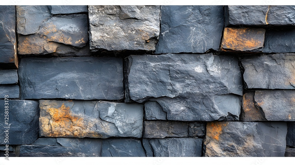 Poster close-up image of a dark gray and brown stone wall. the texture is rough and uneven, showing the nat