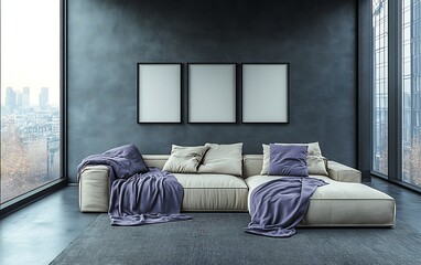 Modern apartment living room with city view, comfy sofa, and empty frames