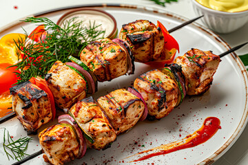 Plate of grilled chicken skewers with vegetables and a dipping sauce. The plate is set on a table with a bowl of sauce nearby