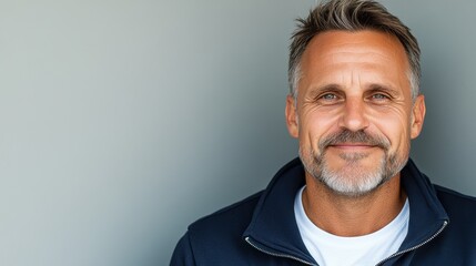 Mature caucasian male smiling against grey background in casual wear.