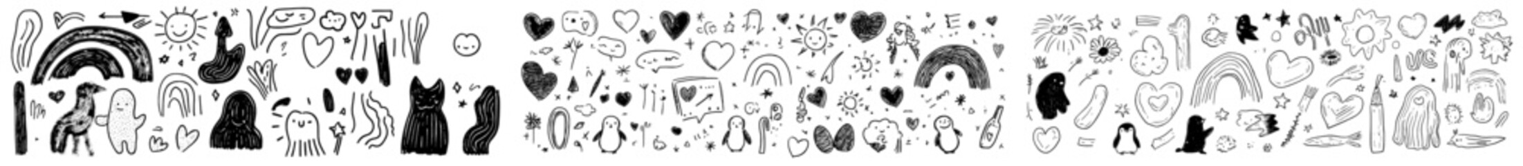 A modern set of cute hand-drawn doodles featuring love, nature, firework, cloud, weather, rainbow, snow, heart, and creative designs