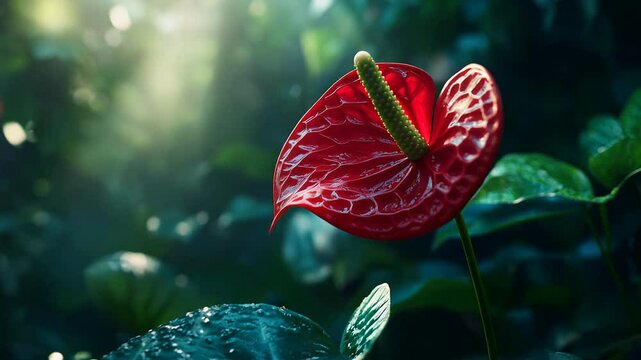 Vibrant Red Anthurium Flower In Lush Green Foliage