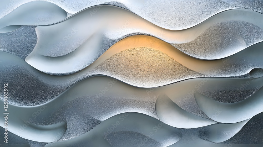 Poster a mesmerizing abstract artwork featuring flowing silver waves with a golden highlight. elegant and m