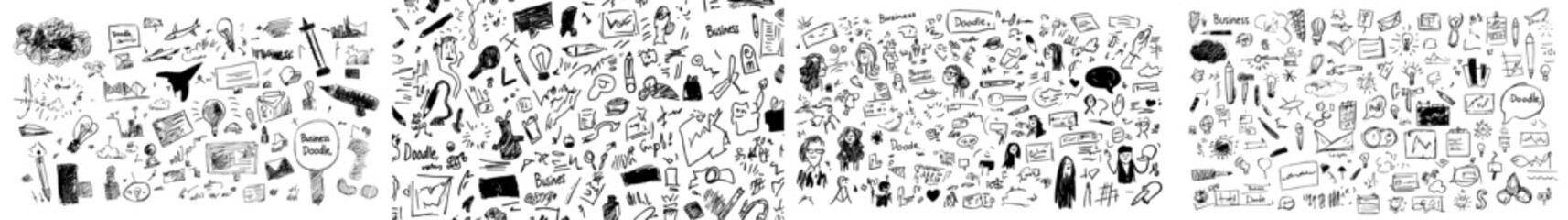 A collection of hand-drawn line art icons focusing on business, finance, data collection, strategy, and marketing themes