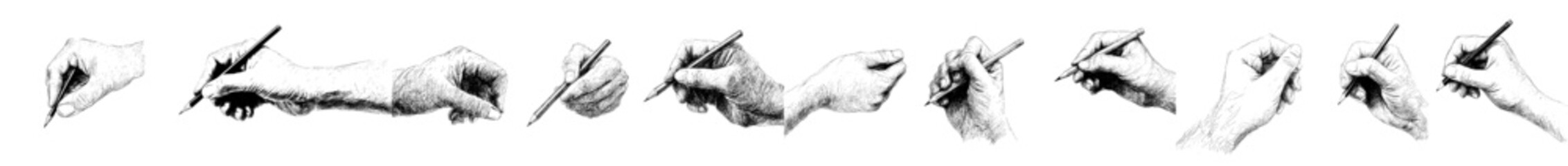 Obraz premium A collection of sketch line illustrations showcasing hand gestures holding a pen while writing or drawing in three distinct postures
