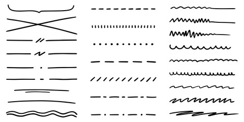 Set of abstract curved hand drawn lines, underline, highlight lines, underline strokes, scribbles, dots, dashes. Wavy, straight, curved lines.