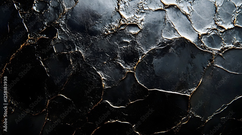 Poster close-up view of an abstract artwork featuring a dark, textured surface with gold accents. macro tex