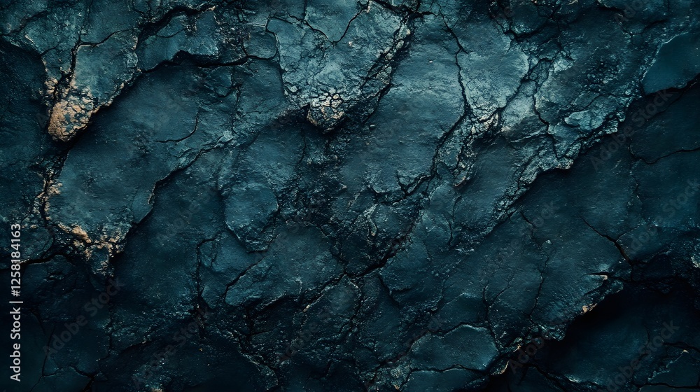 Poster close-up view of a dark teal, cracked surface resembling weathered stone or dried earth. the texture