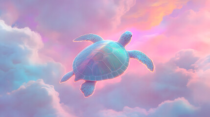 Obraz premium A holographic sea turtle drifting among the clouds, its shell reflecting the colors of the aurora